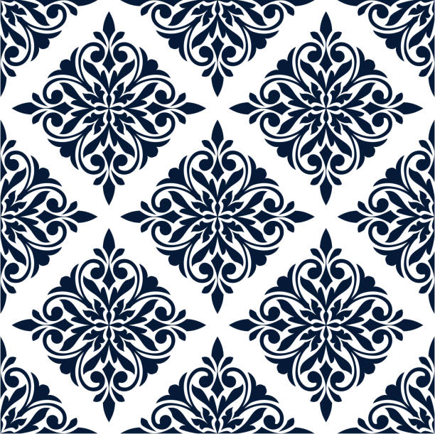 damask bezszwowy wzór z niebieskim kwiatowym ornamentem - 24425 stock illustrations