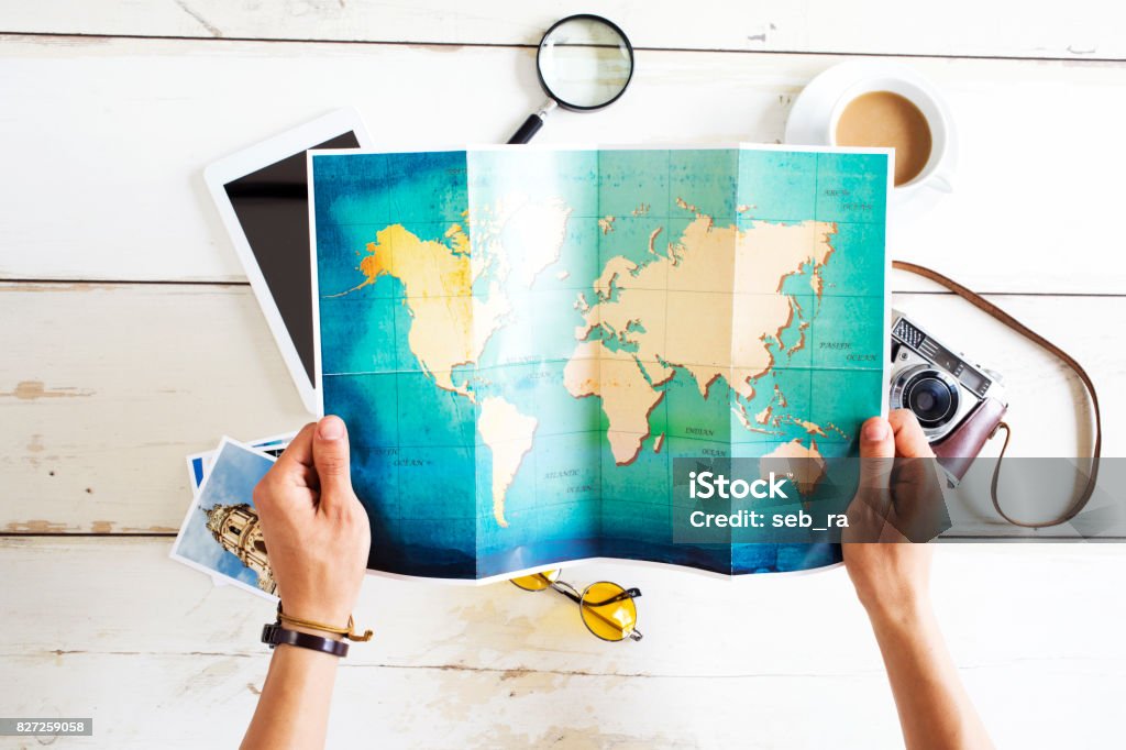 Travel planning on map Travel Stock Photo