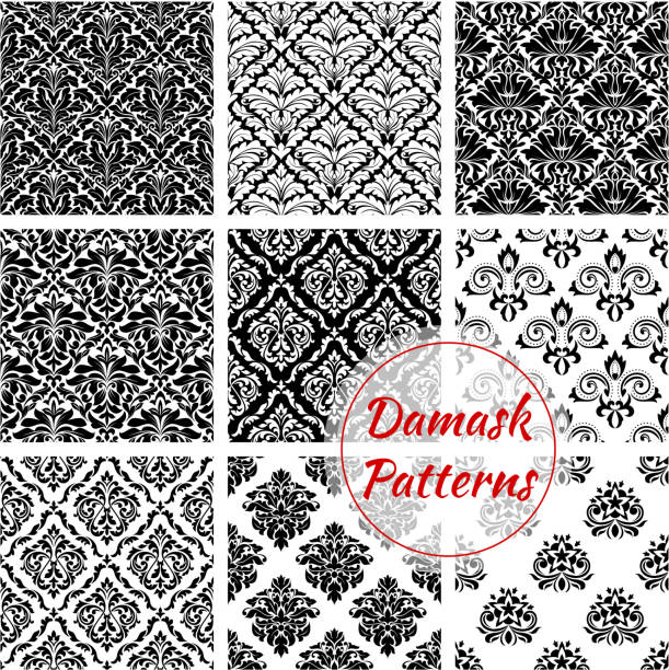 черно-белый дамаск цветочный бесшовный узор - wallpaper pattern silk pattern rococo style stock illustrations