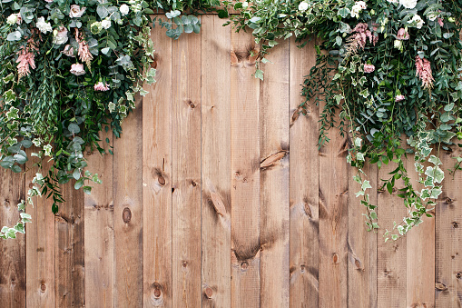 Fresh spring greens with white flower and leaf plant over wood fence background.