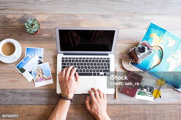 Travel Planning On Computer Stock Photo - Download Image Now - Laptop, Travel, Vacations