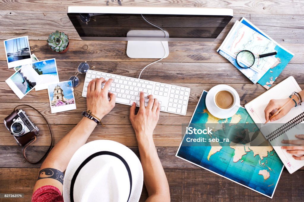 Travel planning on computer Travel Stock Photo