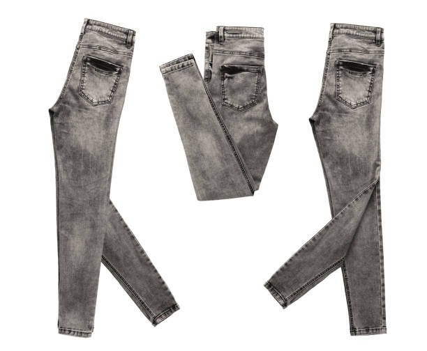 istock Black denim trousers walking wright three packshots isolated on white 827270296