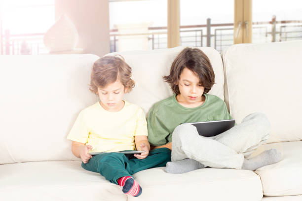 istock The brothers are playing tablets on the couch 827276110