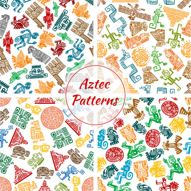 Aztec vector seamless patterns set Aztec patterns set. Ancient mexican ornaments with Maya, Inca and Aztec tribal symbols engravings of human, sun, animal heads, bird, fish, manuscript hierolglyph writings. Vector seamless background and backdrop tiles aztec bird symbol pics stock illustrations