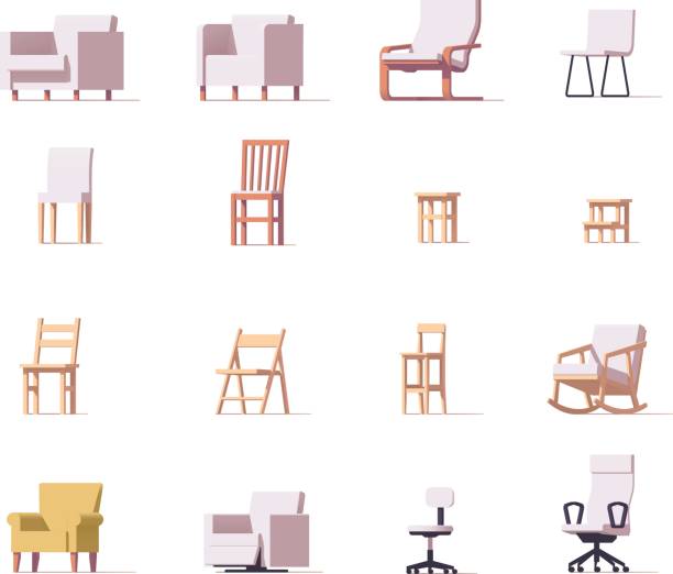 Vector chairs set Vector low poly chairs and stools set chair illustrations stock illustrations