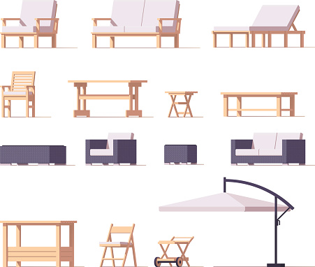 Vector low poly patio and outdoor equipment and furniture set