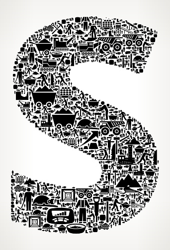 Letter S Mining Industry Vector Graphic. This image features the main object composed of mining industry icons. The vector icons include such popular mining industry icons as a mine, miner, bulldozer and many more. Icons vary in size and form a seamless pattern. Individual icons can be used on their own. This image is perfect for mining and mining industry illustrations.