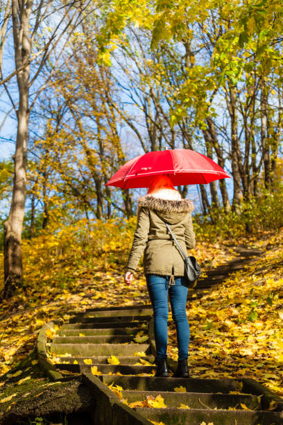 istock Woman walking in park with umbrella 827298246