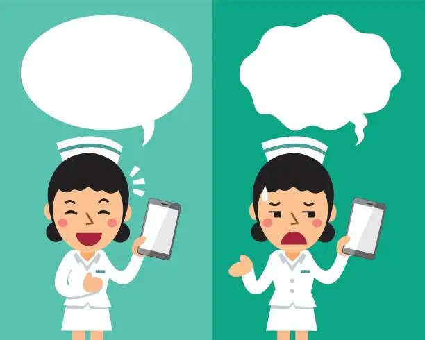 Vector illustration of Cartoon female nurse with smartphone expressing different emotions with speech bubbles