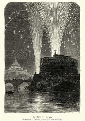 Vintage engraving of a Easter firework display Rome, 19th Century. Illumination of St Peter's and fireworks at the Castle of St Angelo