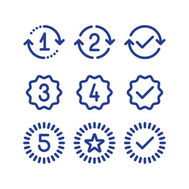 Warranty years signs, guarantee service period, approved mark, line icons Years of warranty stamp set, one two three four five numbers, guarantee signs, approved symbol, best choice mark, vector line icons continuity stock illustrations