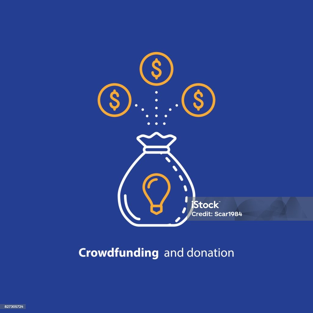 Donate money, crowdfunding line icon, investment and consolidation concept Crowdfunding and donation concept, raising money, financial investment, finance consolidation, idea light bulb, start up business fund, vector line icon Aspirations stock vector
