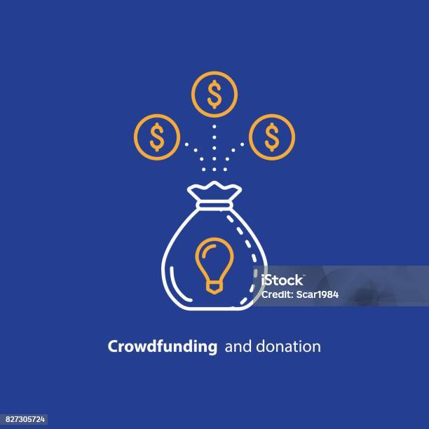 Donate Money Crowdfunding Line Icon Investment And Consolidation Concept Stock Illustration - Download Image Now