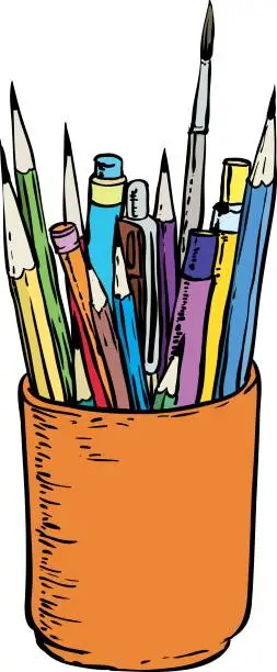 Vector illustration of Colorful Pencils and Brushes in the Holder