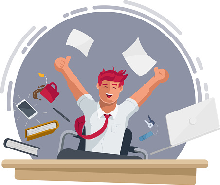 Successful happy businessman working in the office. He is jumping and all of office equipments are too. Concept vector illustration. Elements are layered separately in vector file.