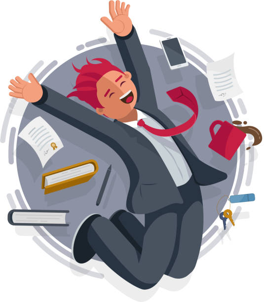 успешный счастливый бизнесмен, работающий в офисе. - happyman stock illustrations