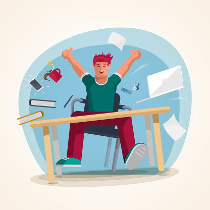 Successful happy man working in the office. He is jumping and all of office equipments are too. Concept vector illustration. Elements are layered separately in vector file.
