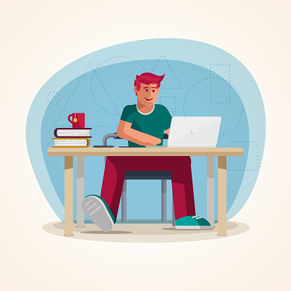 Successful young casual man working in the office. Concept vector illustration.  Elements are layered separately in vector file.
