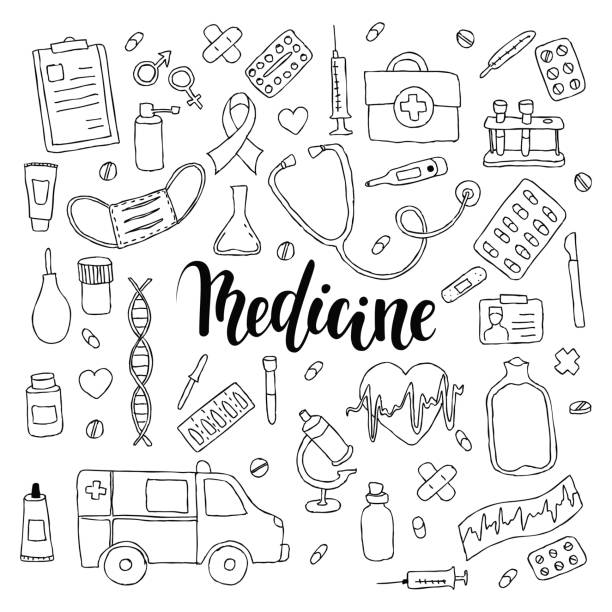 big set of hand drawn doodle medicine with lettering. Hand drawn calligraphy and brush pen lettering phrase medicine big set of hand drawn doodle medicine with lettering. Hand drawn calligraphy and brush pen lettering phrase medicine. doctor drawings stock illustrations