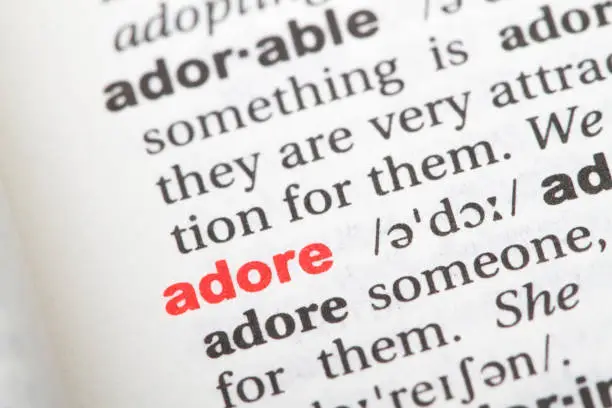 Photo of Closeup of English dictionary page with word ADORE.