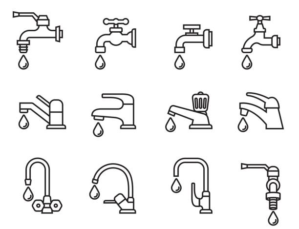 illustrations, cliparts, dessins animés et icônes de vector icon-illustration du robinet avec goutte d’eau. appuyez sur le signe. symbole de la salle de bain. ligne style stock vecteur. - tap