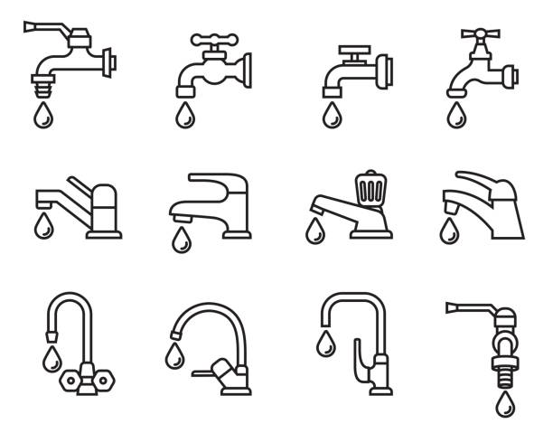 ilustrasi ikon vektor keran dengan tetesan air. ketuk tanda tangan. simbol kamar mandi. vektor saham gaya garis. - toilet perlengkapan rumah tangga yang terpasang ilustrasi ilustrasi stok