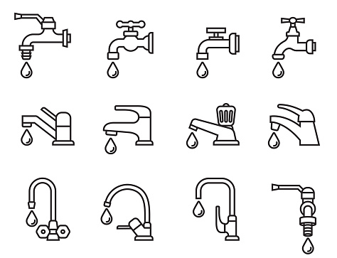 vector icon-illustration of the faucet with water drop. Tap sign. Bathroom symbol. Line Style stock vector.