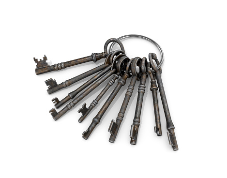Coupling of old metal keys on a white background. 3D illustration.