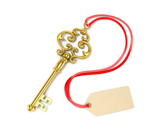 chiave oro con tag. illustrazione 3d - skeleton key foto e immagini stock