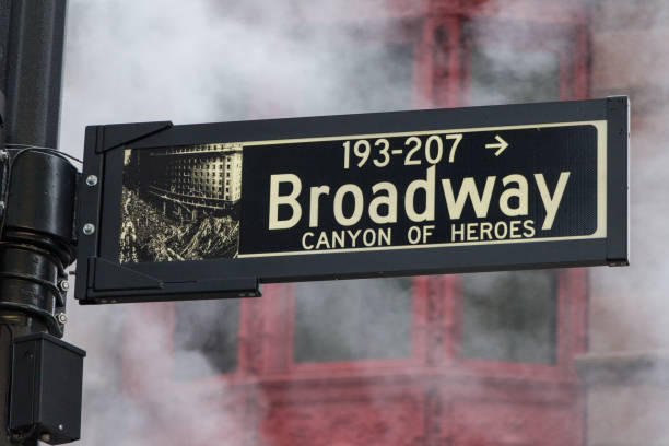 street sign for broadway - new york canyon imagens e fotografias de stock