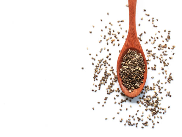 istock Chia seeds in wood spoon on a white background 827328030