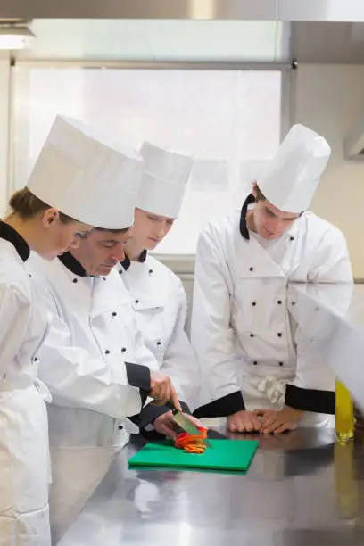 Photo of Culinary students learning how to chop vegetables