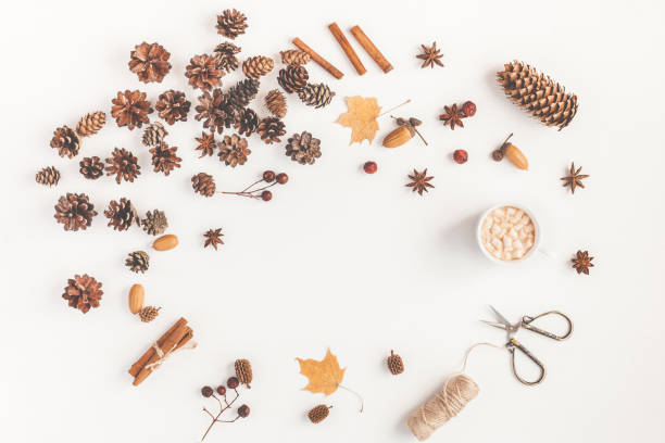 istock Coffee, accessories, autumn leaves, pine cones. Flat lay, top view 827345436