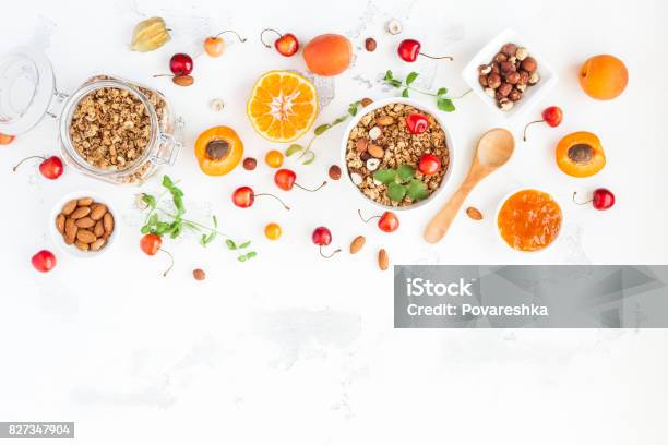 Breakfast With Muesli Fruits Berries Nuts Flat Lay Top View Stock Photo - Download Image Now