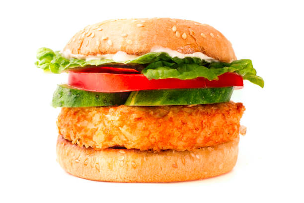 istock hamburger with fried chicken isolated on white background 827349658