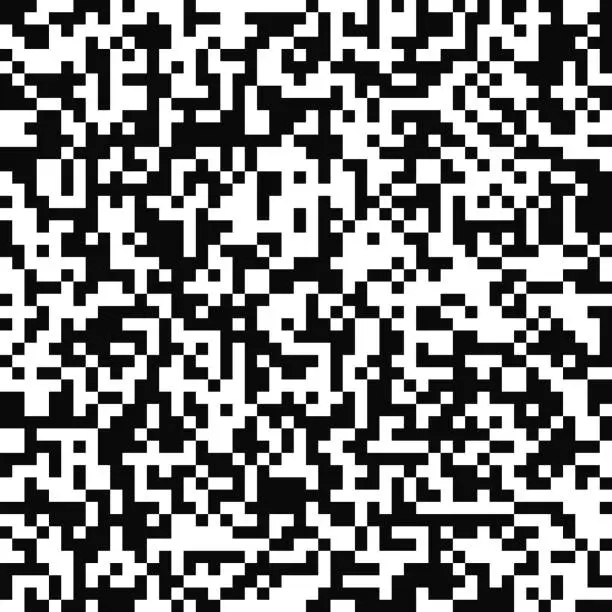 Vector illustration of Vector seamless pattern. Random pixel texture. Black-and-white background. Monochrome QR code design.