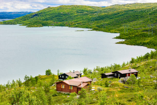 高原の湖畔のコテージ - scandinavian lake cottage house ストックフォトと画像