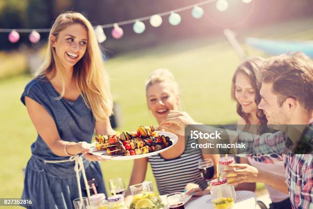 Friends Having Barbecue Party In Backyard Stock Photo - Download Image Now - Barbecue - Meal, Barbecue Grill, Women