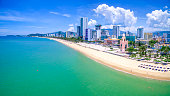 Panorama of the city of Nha Trang in Vietnam from drone point of view
