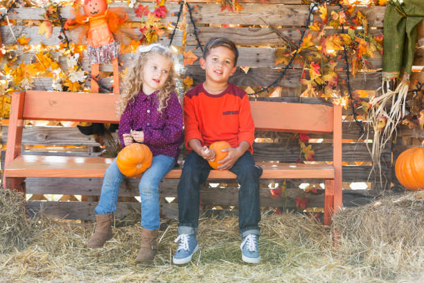 istock Boy and girl sitting on bench in Autumn 827361878