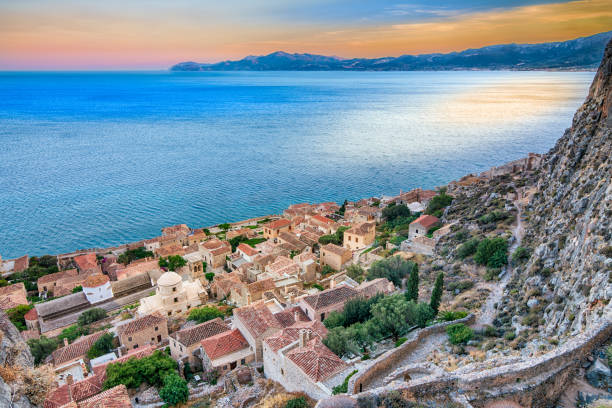 Monemvasia - Greece (May 2016) Monemvasia - Greece (May 25, 2016) Panoramic seascape image from the town of Monemvasia with HDR technique. monemvasia stock pictures, royalty-free photos & images