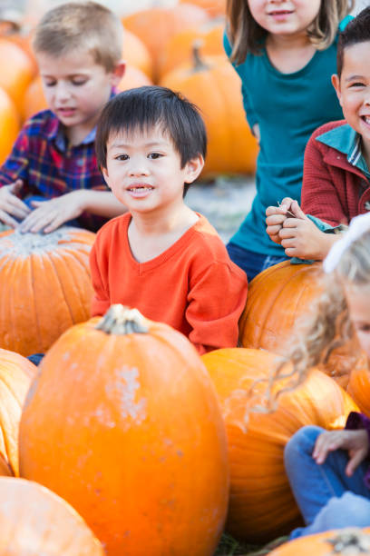 istock Asian boy with friends in pumpkin patch 827362072