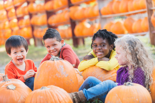 istock Four multi-ethnic children with lots of pumpkins 827362354