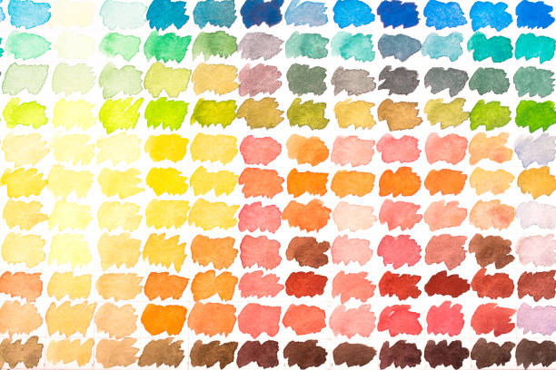Colour palette with watercolours red, yellow, green blue, grey and orange