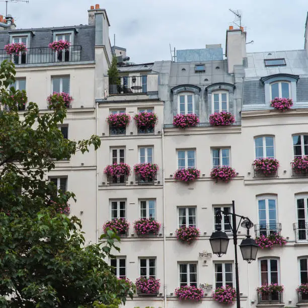 Paris, typical facade with flowery balcony  in a stylish district with beautiful buildings