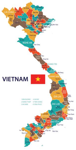 17 - Vietnam map - Red Green Brown Yellow 10 Vietnam map and flag - vector illustration vietnam stock illustrations