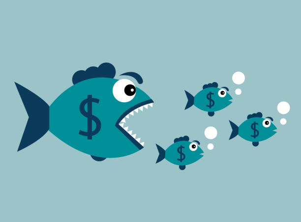 Carnivorous fish with dollar Big fish with a dollar badge wants to eat small fish background studio water stock illustrations