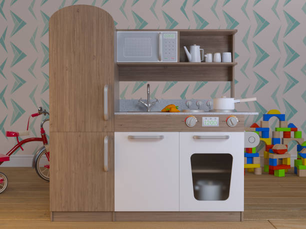 istock Children kitchen design interior play set with accessories. 827393582