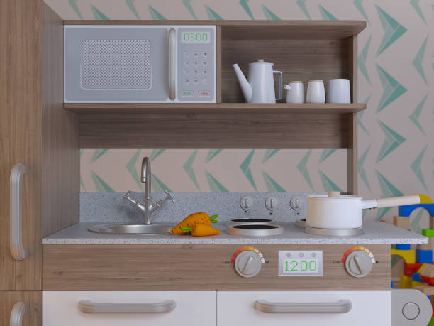 istock Children kitchen design interior play set with accessories. 827393594